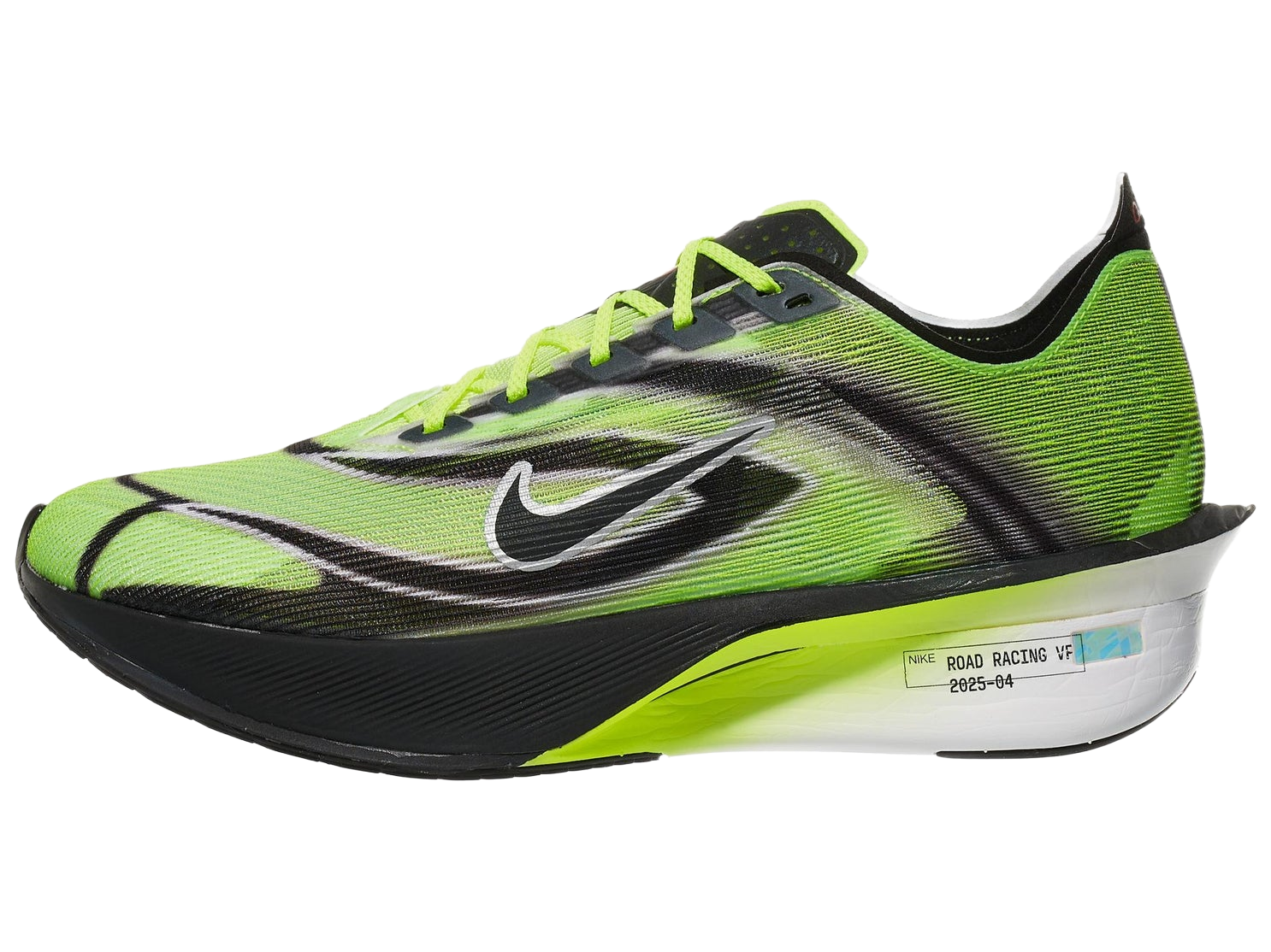 Nike Vaporfly 4 racing super-shoe in the volt Hakone colorway, floating against a dark studio.